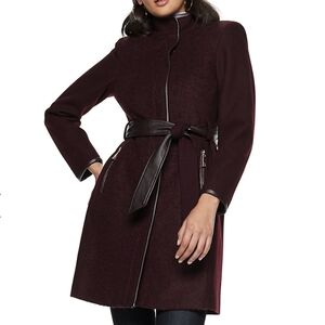 Nine West Faux-Leather Binding Wool-Blend Coat in Wine Color Size Women's Small